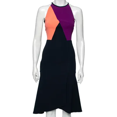 Pre-owned Roland Mouret Color Block Stretch Crepe Kennard Halter Dress S In Navy Blue