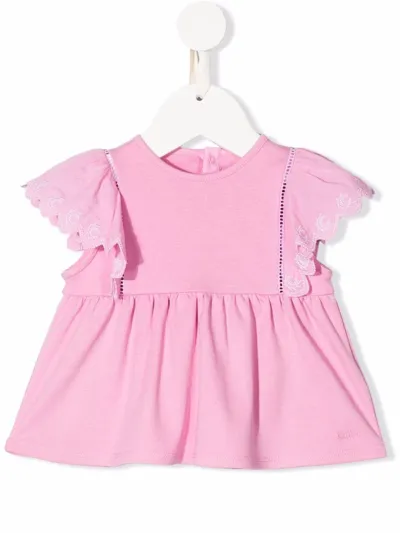 Chloé Baby Girl Clouse Crewneck Chloè Kids.round Neck, Back Button Closure, Short Sleeves, Ruched Detail A In Purple