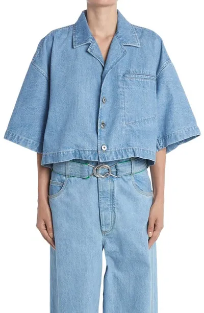 Bottega Veneta Crop Bleached Cotton Denim Shirt In Blue