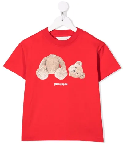 Palm Angels Kids' Bear Print Cotton Jersey T-shirt In Red