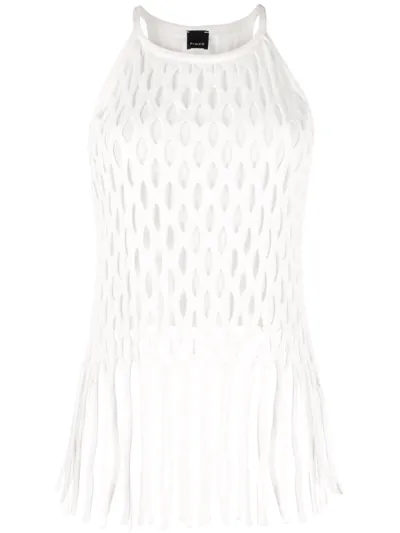 Pinko Fringed Open-knit Halterneck Top In White