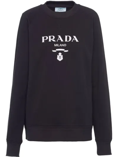 Prada Cashmere And Wool Logo Crew-neck Sweater In Black