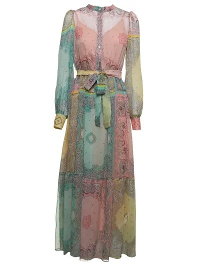 Twinset Multicolor Chiffon Long Dress With Belt