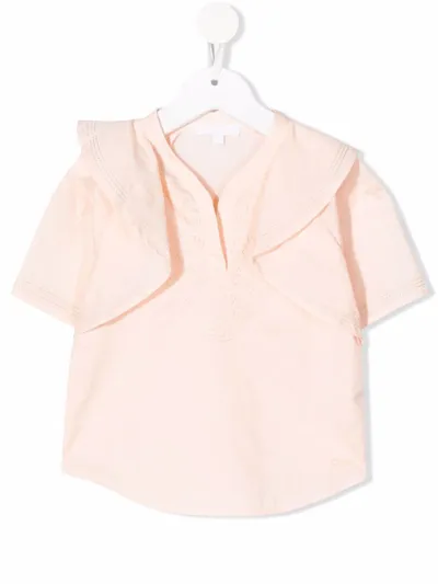 Chloé Kids' Contrast-stitching Ruffle Blouse In Neutrals