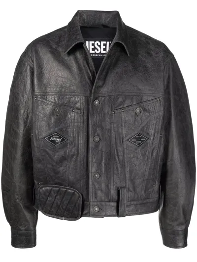 Diesel Mens Black Black Black L-martin Branded Leather Jacket M