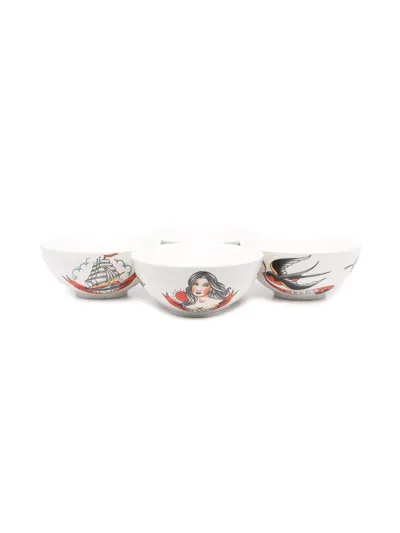 Pols Potten Tattoo Set Of 4 Salad Bowls In Weiss