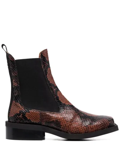 Ganni Snakeskin-effect Heeled Chelsea Boots In Cognac