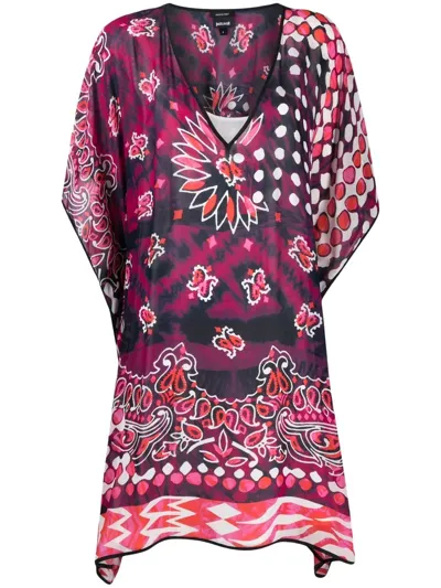 Just Cavalli Mix-print Kaftan Dress In Purple