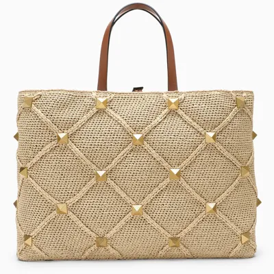 Valentino Garavani Raffia Tote Bag With Studs In Beige