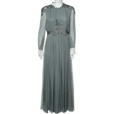 Pre-owned Valentino Grey Crepe De Chine Silk Embellished Maxi Dress L