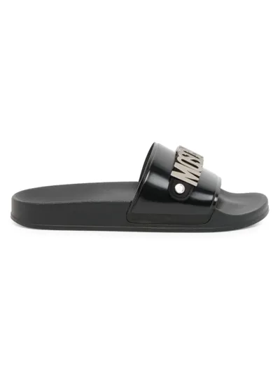 Moschino Men's Rubber Pool Slide Sandals W/ Metal Logo In Fantasy Color