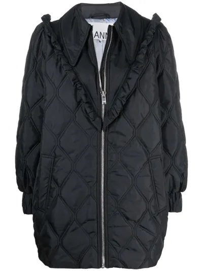 Ganni Ruffled Quilted Recycled-fibre Padded-shell Coat In Black