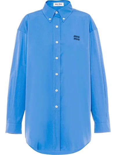 Miu Miu Oversized Cotton Poplin Shirt In Blau