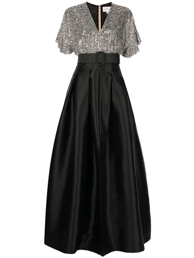 Sachin & Babi Simone Sequin Gown W/ Pleated Skirt In Charcoal