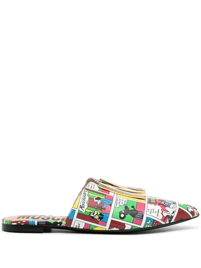 Moschino Comics-print Flat Slippers In Weiss