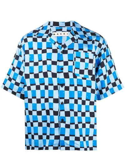 Marni Check-pattern Bowling Shirt In Powder Blue