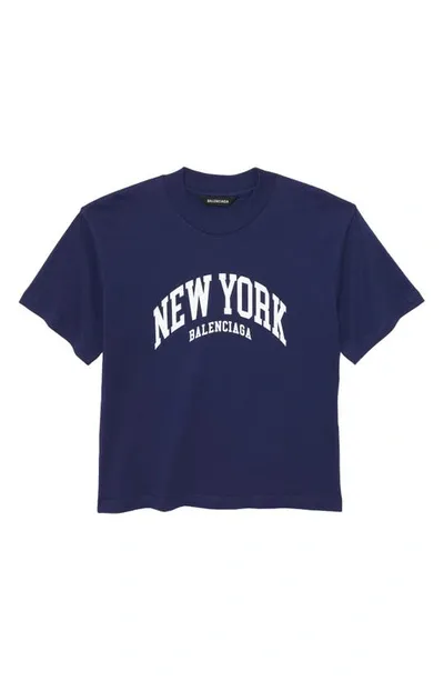 Balenciaga Kid's New York Logo-print T-shirt In Marine Blue