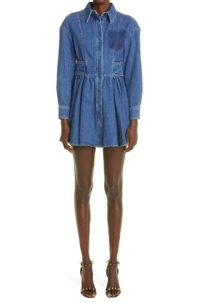 Alexander Mcqueen Pleated Denim Shirt Minidress In Blue