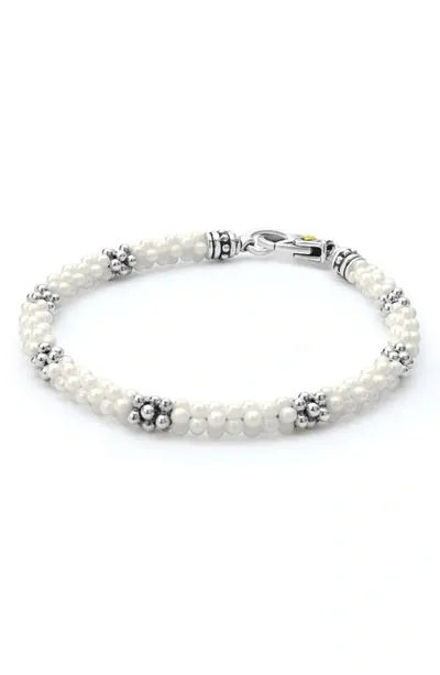 Lagos 18k Yellow Gold & Sterling Silver White Ceramic Caviar Bead Statement Bracelet In White/silver