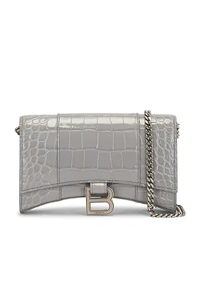 Balenciaga Hourglass Embossed Leather Chain Wallet In Silver