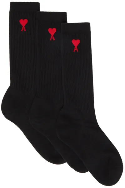 Ami Alexandre Mattiussi Three-pack Black Ami De Cœur Socks