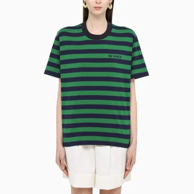 Sunnei Blue And Green Striped Logo-print T-shirt In ["blue"/ "green"/ "multicolor"]