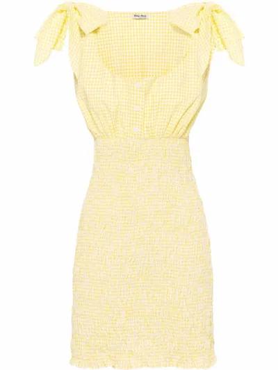 Miu Miu Gingham Tie-shoulder Smocked Mini Dress In Yellow