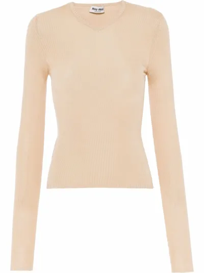 Miu Miu Ribbed Knit Slim-fit Silk Jumper In White