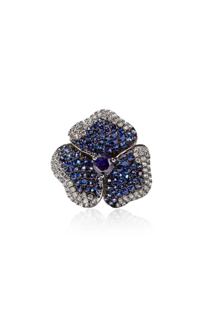 As29 'bloom' Diamond Sapphire 18k White Gold Medium Flower Ring In Blue