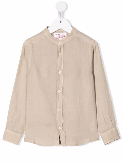 Mc2 Saint Barth Teen Band-collar Linen Shirt In Neutrals