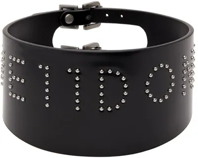 We11 Done Black Wide Leather Logo Stud Choker