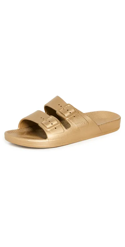 Freedom Moses Moses Two Band Slides In Goldie Metallic