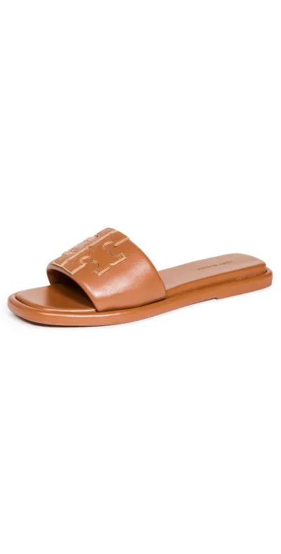 Tory Burch Double T Sport Slides Bourbon Miele/gold In Brown