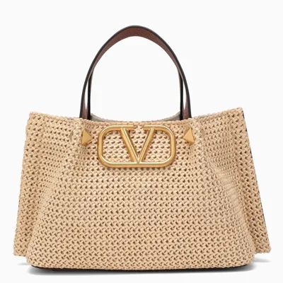 Valentino Garavani Straw Vlogo Small Tote Bag In Beige