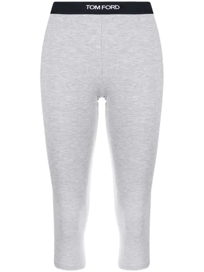 Tom Ford Cropped Logo-waistband Leggings In Grey