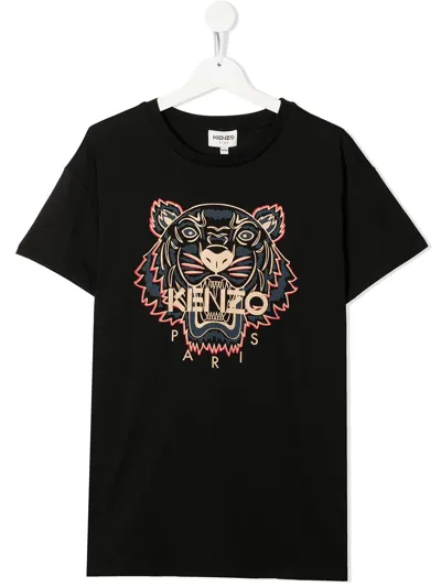 Kenzo Kids' Tiger Head-print Short-sleeved T-shirt In Black