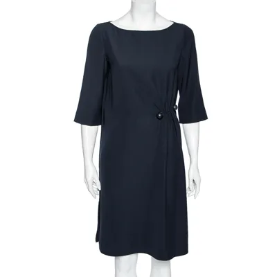 Pre-owned Emporio Armani Blue Crepe Side Pleated Dress M In Navy Blue