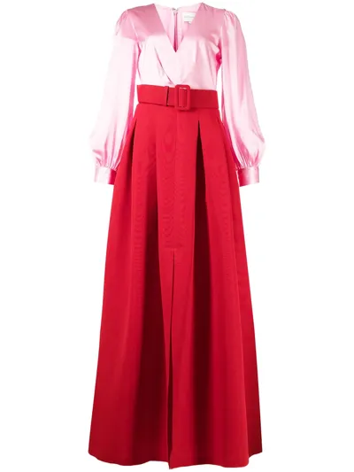 Sachin & Babi Zoe Belted Long-sleeve Pleated Gown In Rose Cherry Red