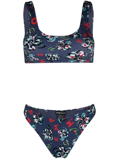 Emporio Armani Floral-print Bikini In Blue