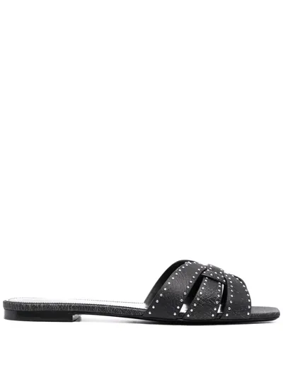 Saint Laurent Tribute Studded Flat Leather Sandals In Black