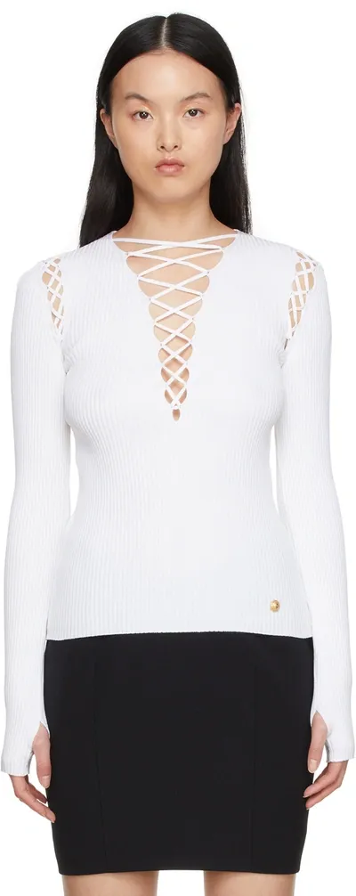 Balmain Laced Stretch Viscose Blend Rib Knit Top In Weiss