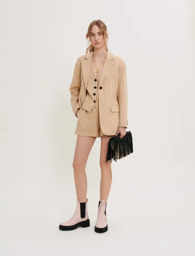 Maje Belted Striped Jacket In Beige