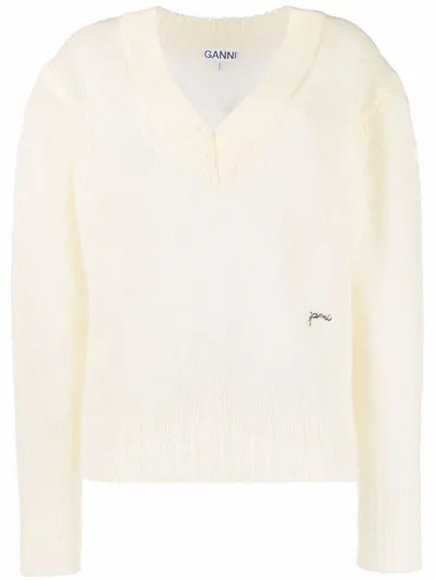 Ganni Logo-embroidered Crew-neck Jumper In Nude