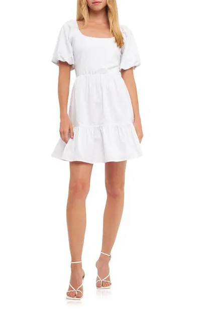 English Factory Mixed Media Puff Sleeve Back Bow Dress In White