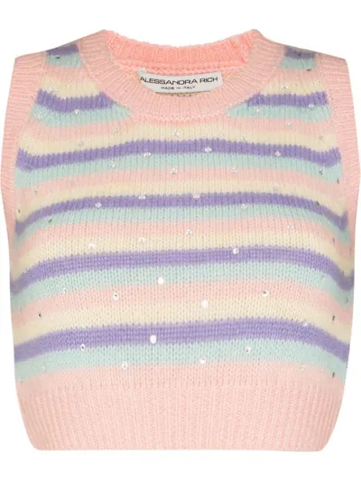 Alessandra Rich Cropped Crystal-embellished Striped Mohair-blend Tank In Pink