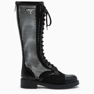 Prada Black Mesh Lace-up Boots