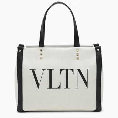 Valentino Garavani Vltn Tote Bag In Canvas And Leather In Beige