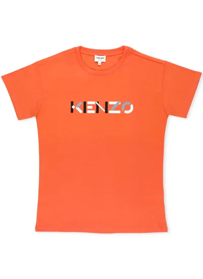 Kenzo Kids' Logo Print Organic Cotton T-shirt In Coral Red