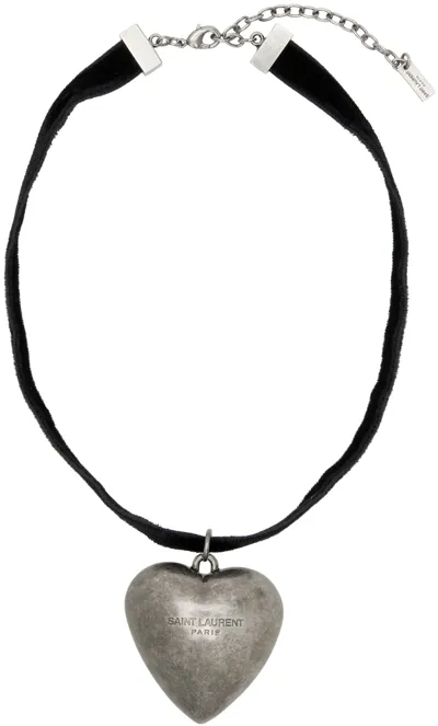 Saint Laurent Oversize Heart Pendant Choker Necklace In Nero