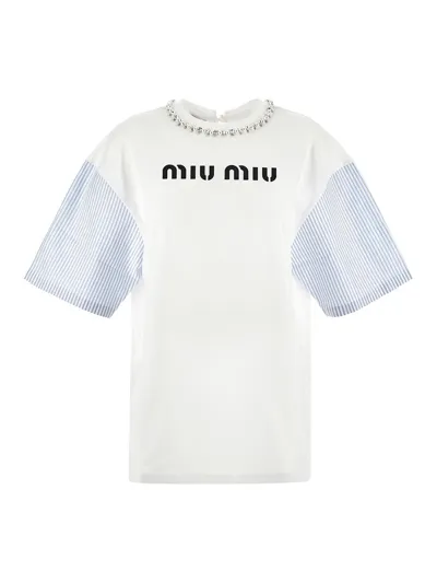 Miu Miu White T-shirt With Logo Print And Crystals